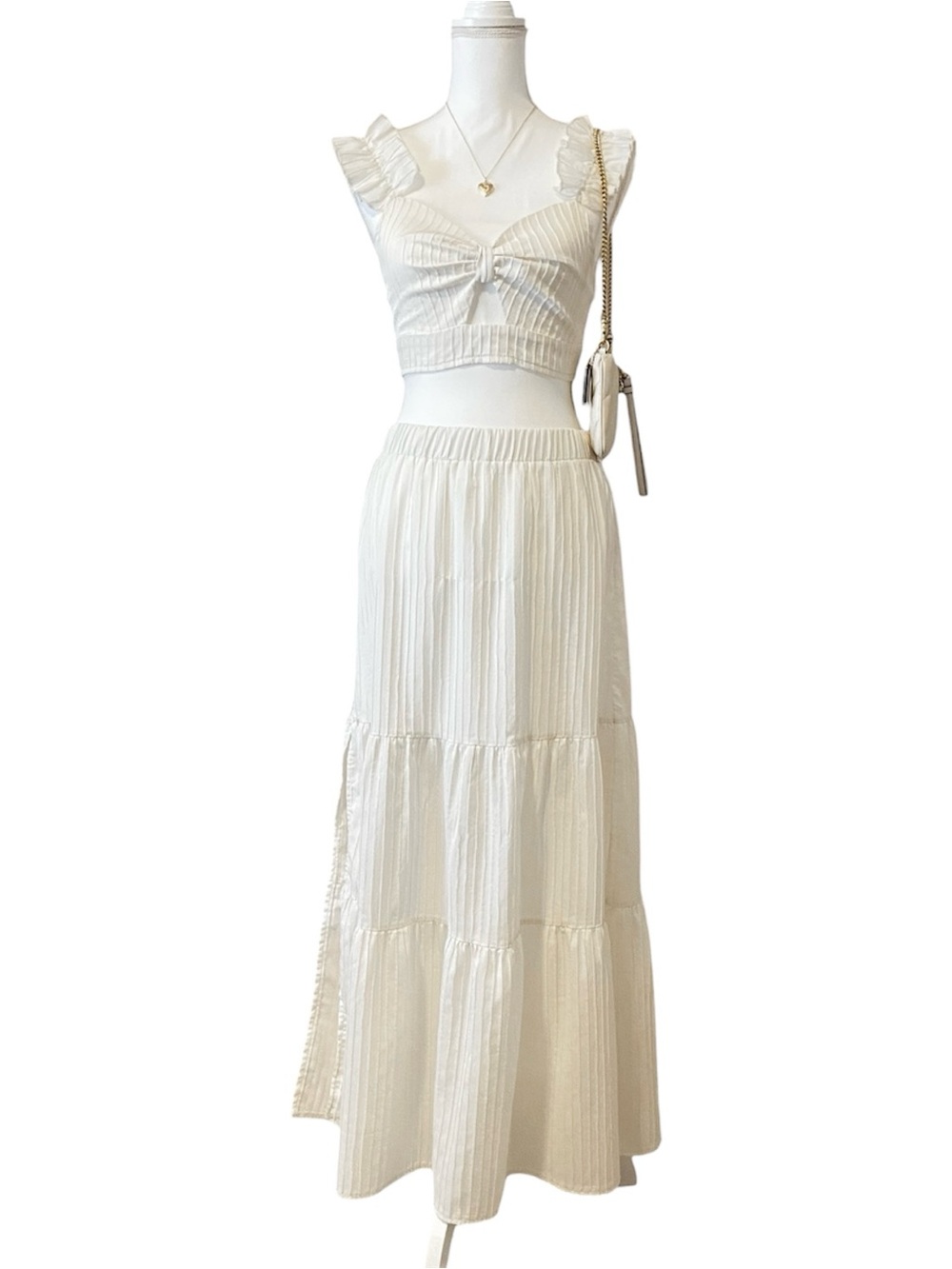 Bohemian Y2K Skirt Set Women’s Large Cream White Maxi Skirt Crop Top Minimalist
